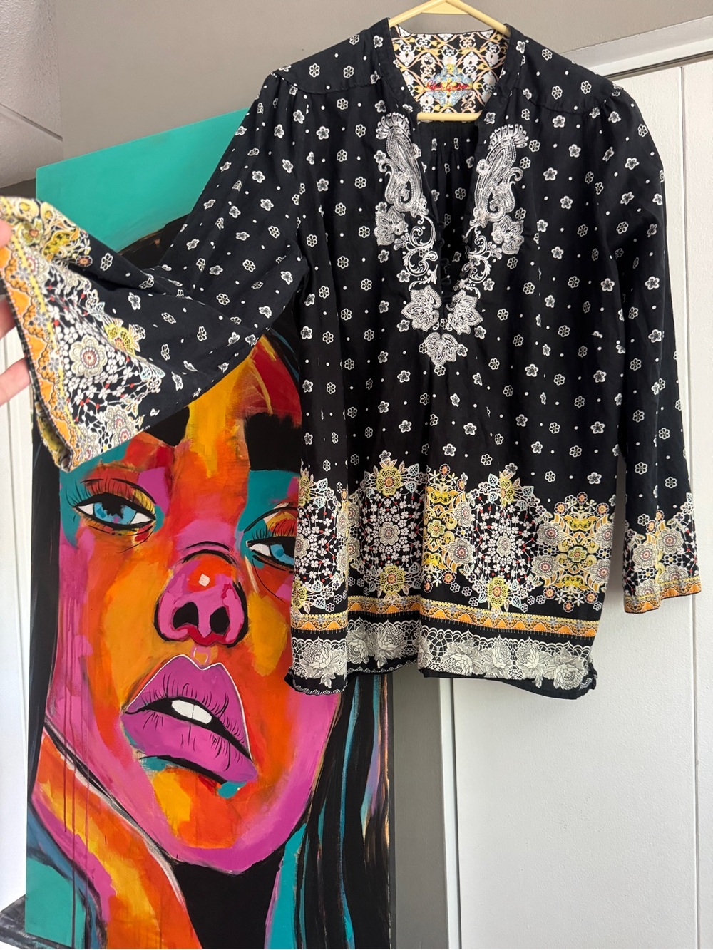 Robert Graham Embroidered Paisley Toile Tunic Blouse Black White Size Large XL